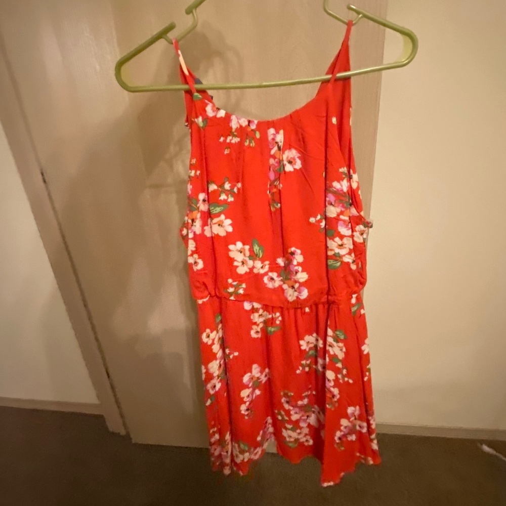Red floral dress.